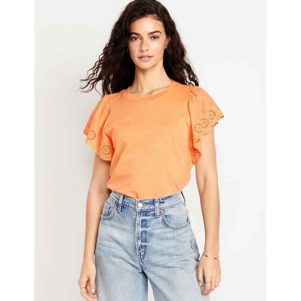 Old Navy Womens Orange Eyelet Flutter Sleeve Crew Neck Knit T-Shirt Top